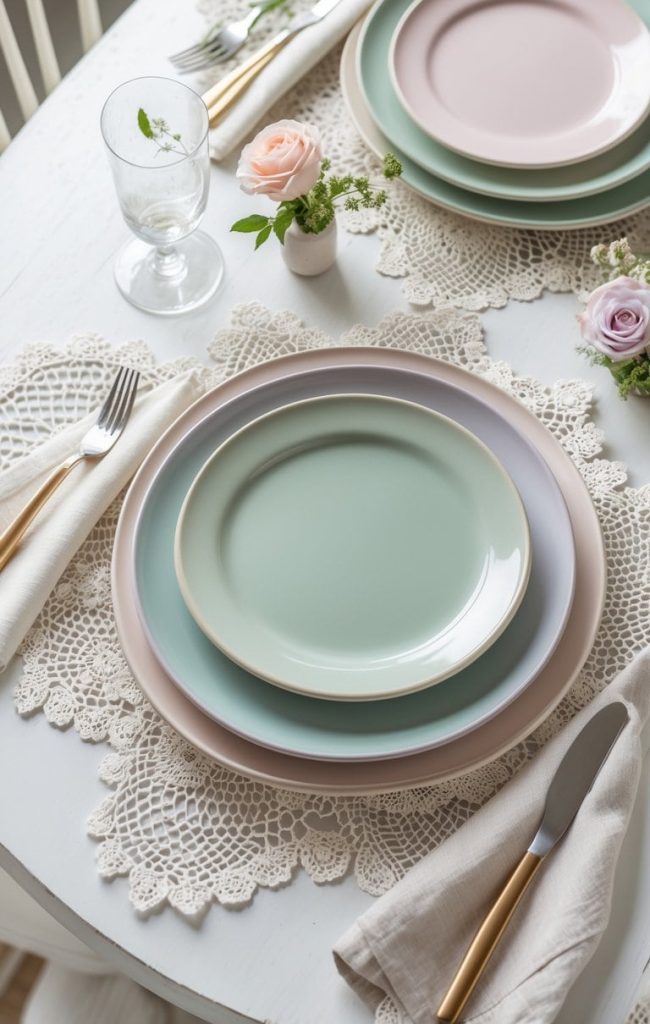 Pastel-colored dinnerware on lace tablecloth with elegant glassware and floral accents, perfect for a sophisticated table setting.