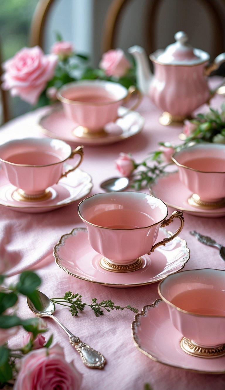 A table set with vintage pink teacups, saucers, and small pink flowers arranged on a pink tablecloth.