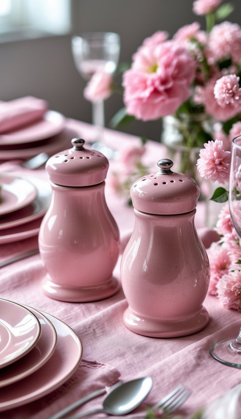 A pair of pink ceramic salt and pepper shakers on a pink table with matching pink tableware and flowers.