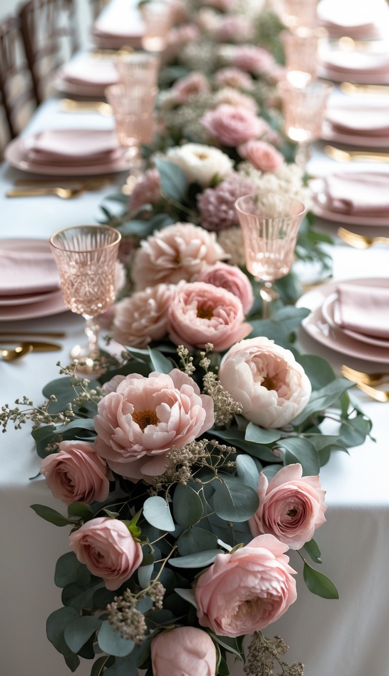 A table set with a dusty rose floral garland centerpiece surrounded by pink plates, glassware, and gold flatware.