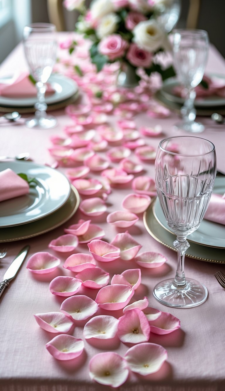 A pink table covered with scattered pink rose petals and elegant place settings including plates, cutlery, glasses, and floral centerpieces.