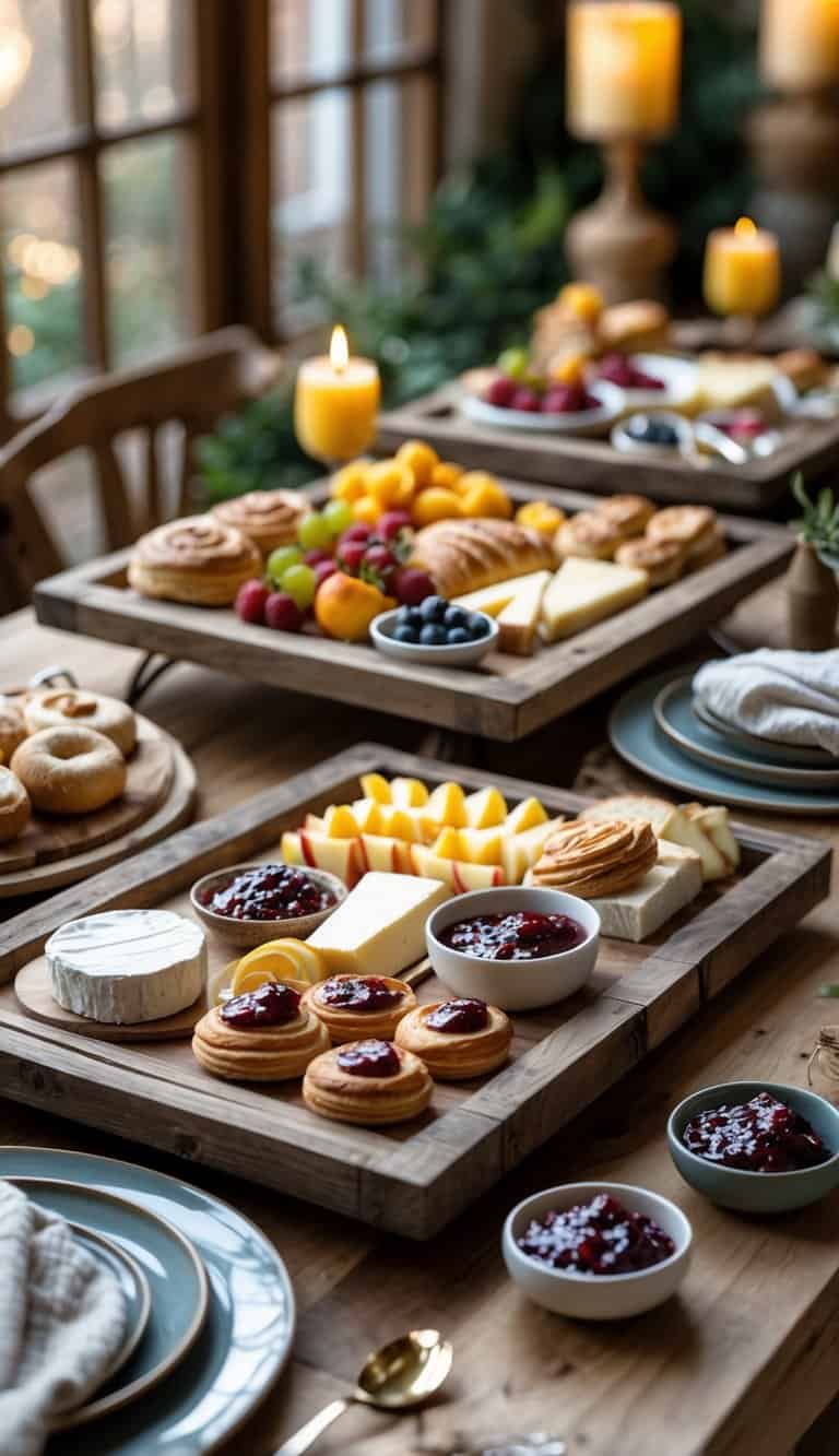 A brunch buffet table with rustic wooden serving trays filled with pastries, fruits, cheeses, and small bowls, set on a wooden table.