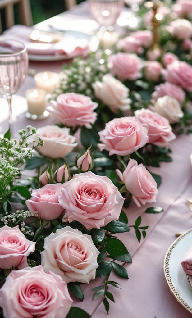 A table decorated with pink roses, greenery, candles, and elegant tableware set on a light pink tablecloth.