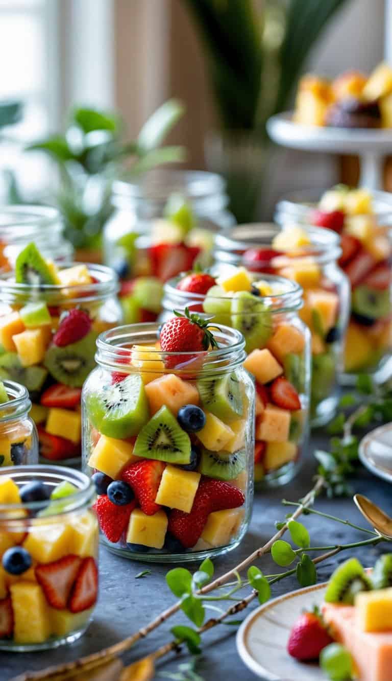 Glass jars filled with fresh mixed fruit salad arranged on a brunch buffet table.