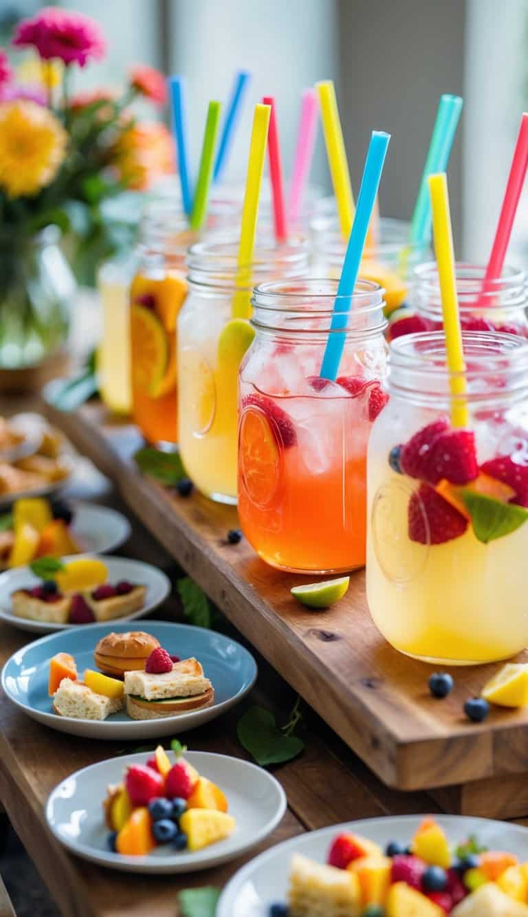 Mason jar glasses with colorful straws arranged on a brunch buffet table with flowers and assorted food.
