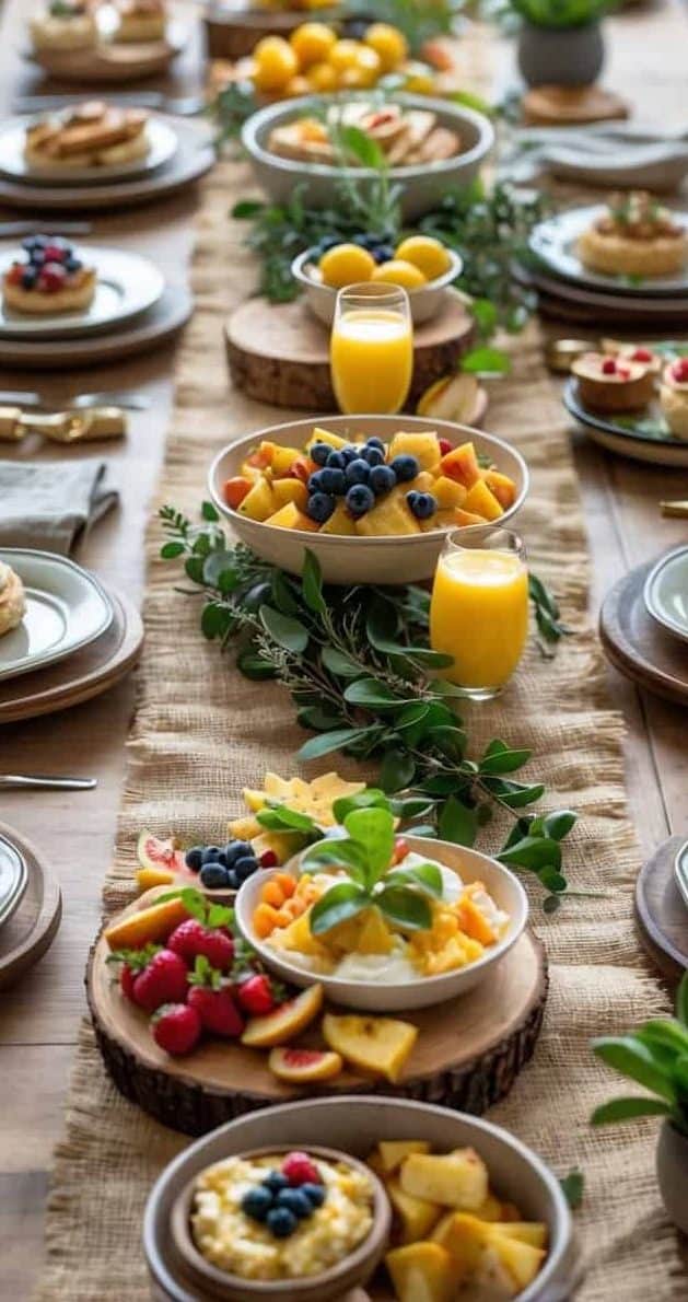 A wooden table set for breakfast with plates of fruit, pastries, and glasses of orange juice, decorated with greenery and small potted plants.
