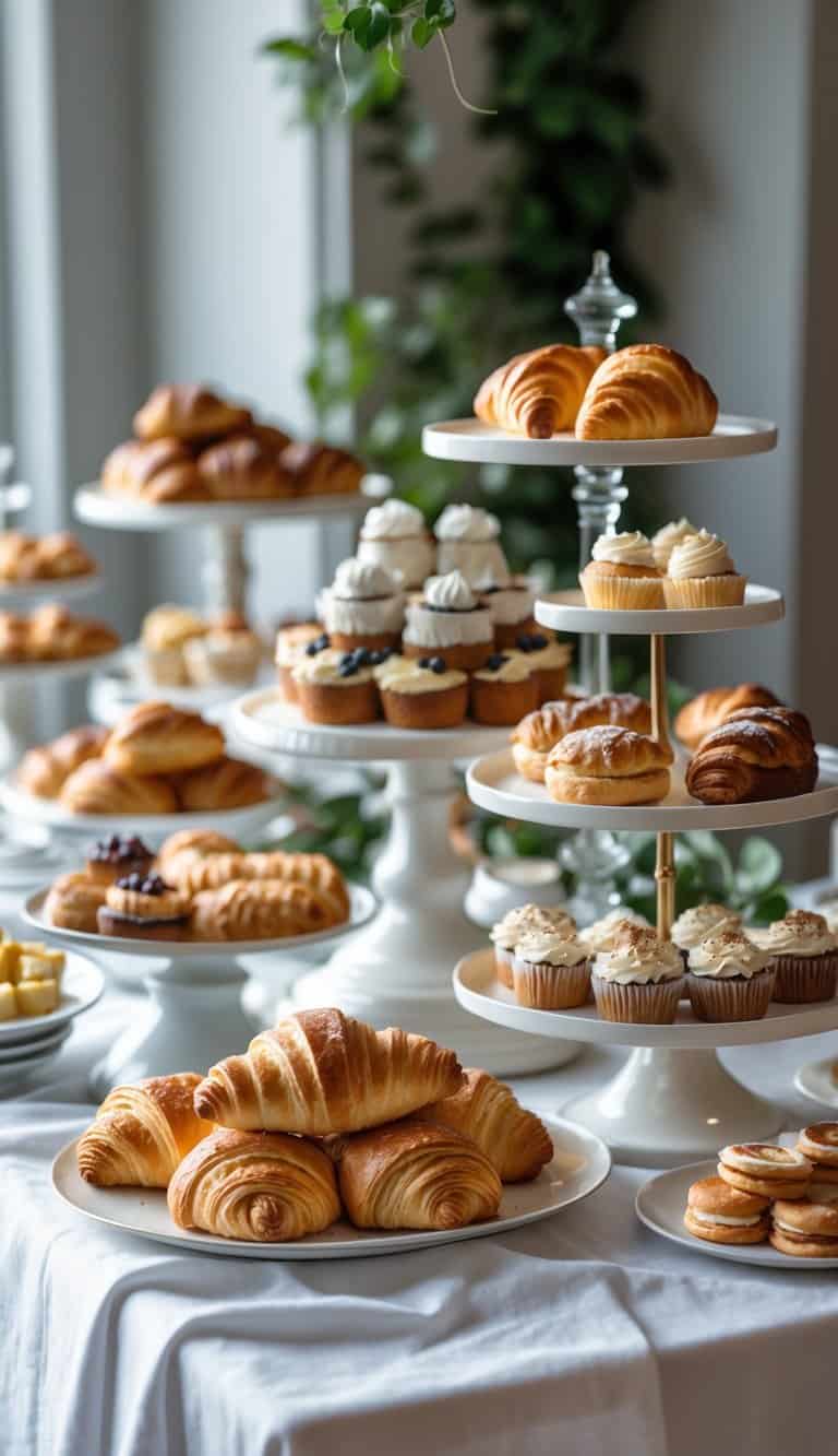Assorted pastries displayed on tiered cake stands arranged on a brunch buffet table.