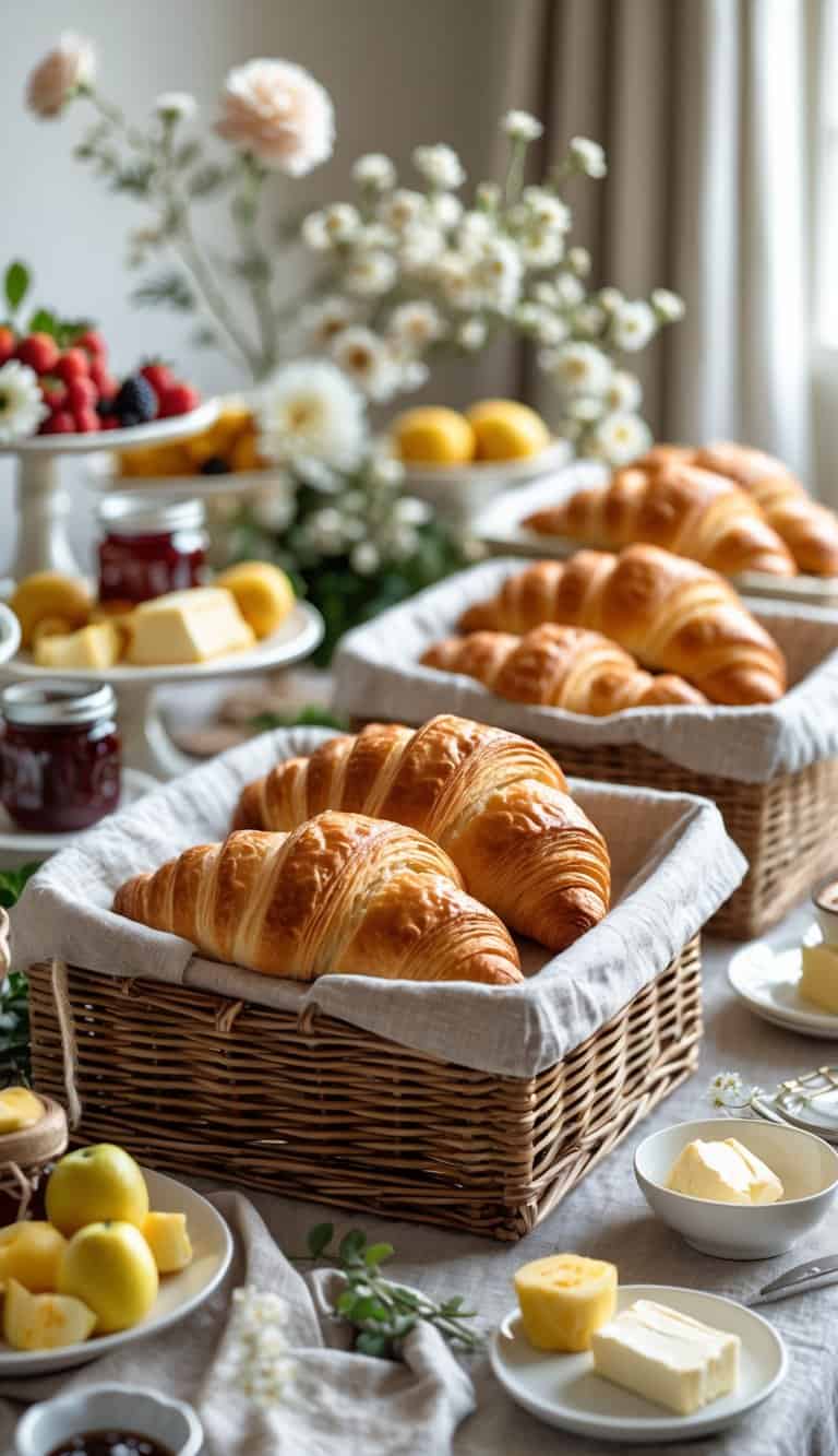 Freshly baked croissants in linen-lined baskets on a brunch buffet table with fruits and flowers.