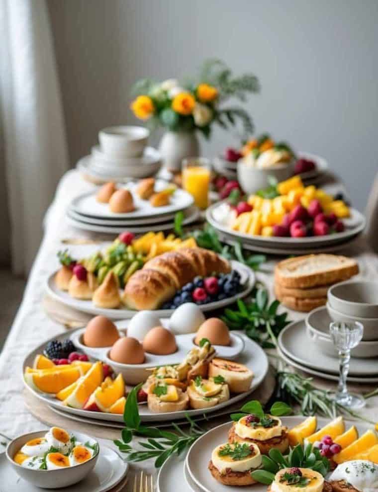 A table set with plates of eggs, sliced fruit, croissants, toast, and pastries, along with glasses of juice and floral centerpieces on a beige tablecloth.