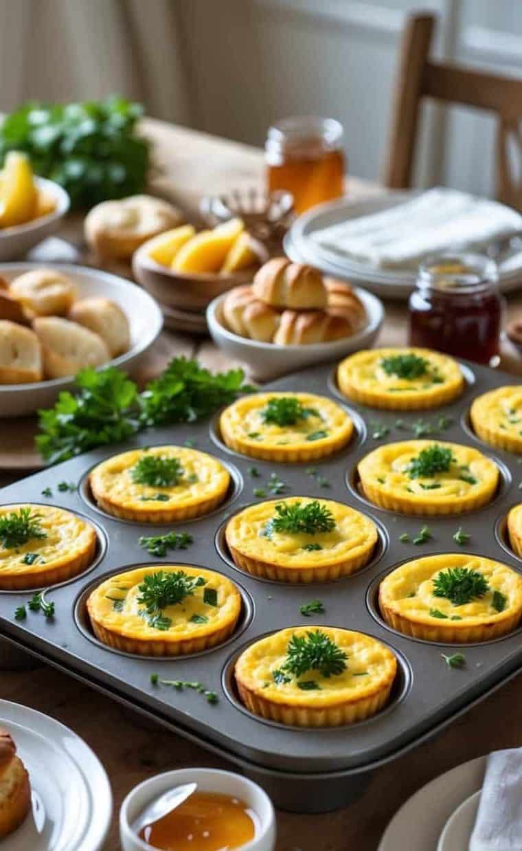 A muffin tin filled with mini quiches garnished with parsley sits on a wooden table set for breakfast with pastries, honey, and jam.