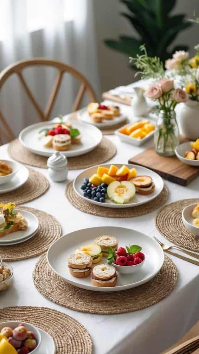 A dining table set for breakfast with plates of assorted pastries, fresh fruit, and bowls of snacks on woven placemats, surrounded by wooden chairs and floral centerpieces.