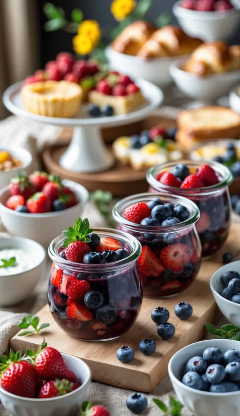 Small glass jars filled with fresh mixed berry compote arranged on a brunch buffet table with pastries and yogurt nearby.