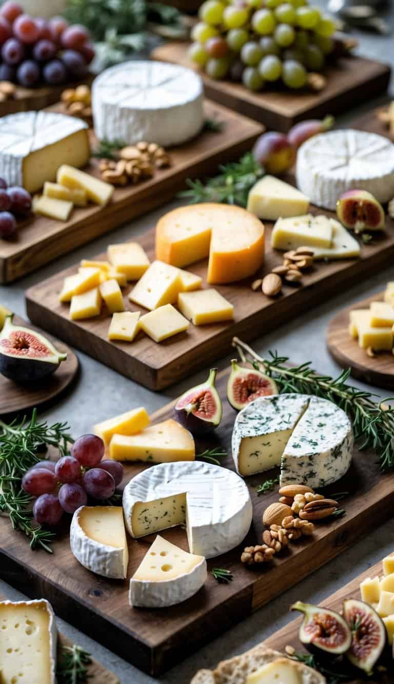 A rustic brunch table with wooden boards displaying various artisan cheeses, fresh fruits, and herbs.