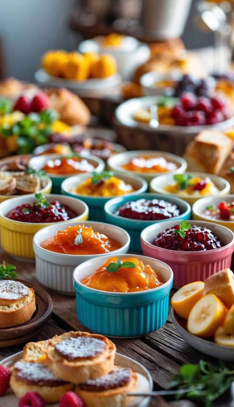 A brunch buffet table with colorful ceramic ramekins filled with condiments, surrounded by fruits, pastries, and breads.