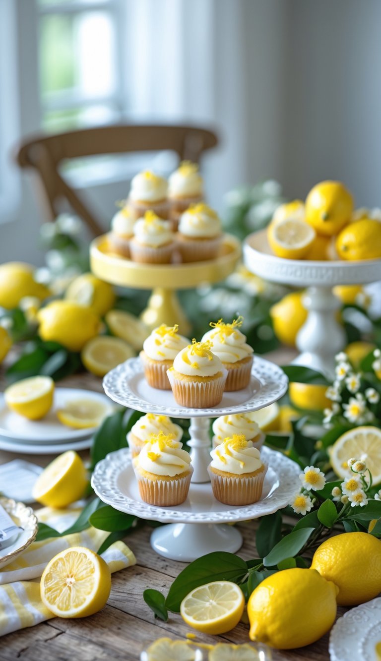 A table decorated with mini lemon cupcakes, fresh lemons, yellow flowers, and green leaves arranged on plates and stands.