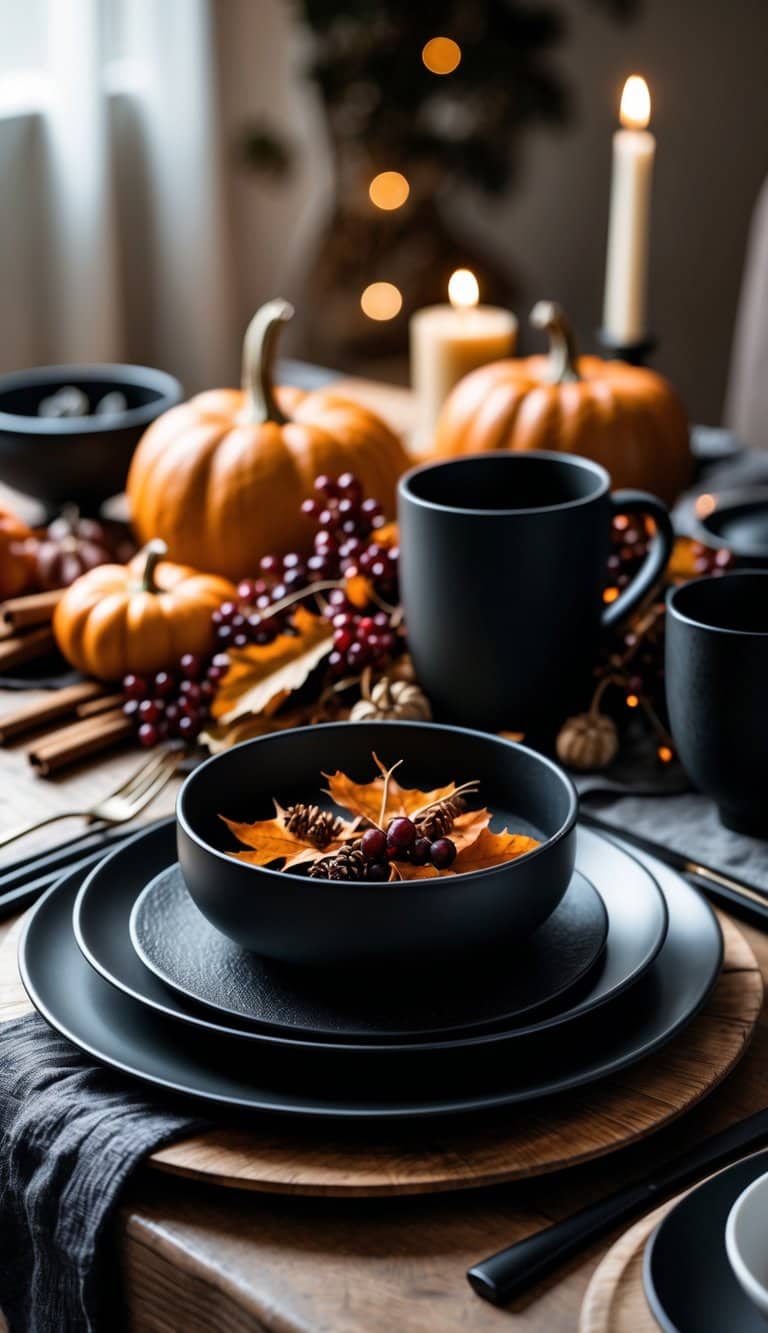 A Thanksgiving table set with matte black dinnerware, autumn decorations, and warm candlelight.