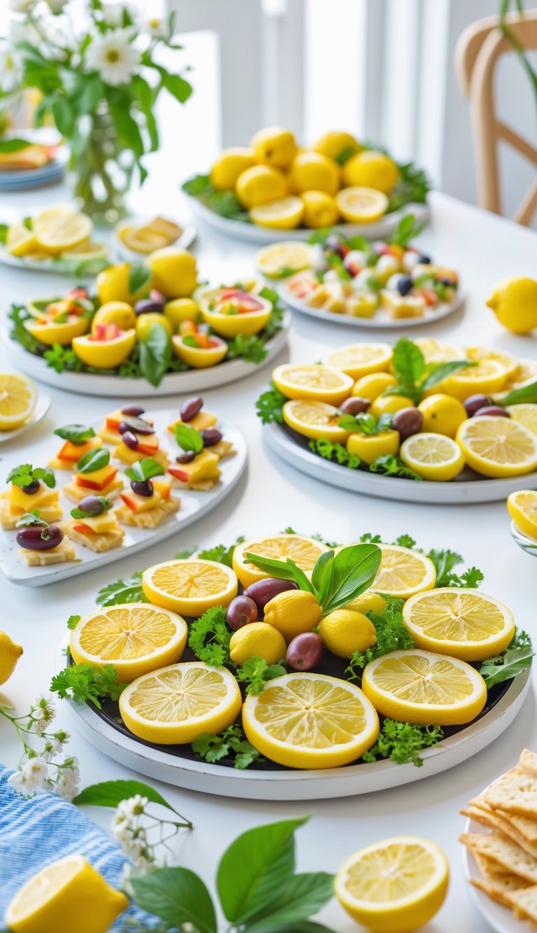 A table set with lemon slice shaped appetizer trays filled with colorful bite-sized foods and decorated with fresh lemons and green leaves.