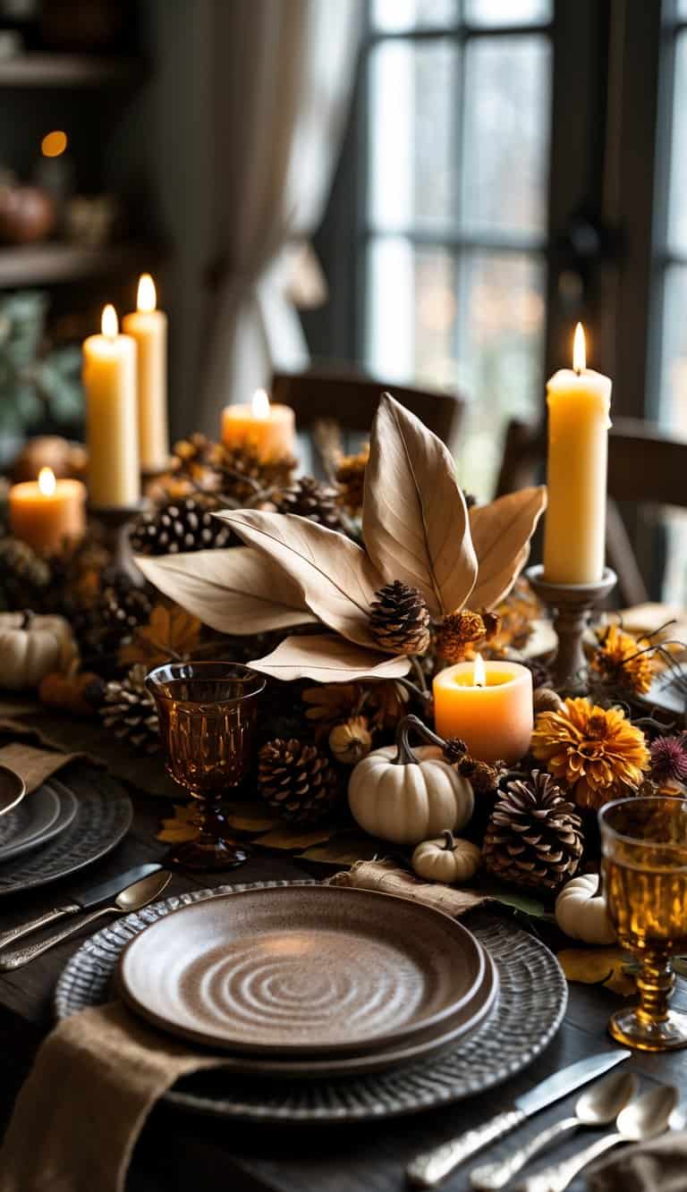 A Thanksgiving table with a dried magnolia leaf centerpiece surrounded by candles, pumpkins, and rustic tableware on a dark wooden surface.