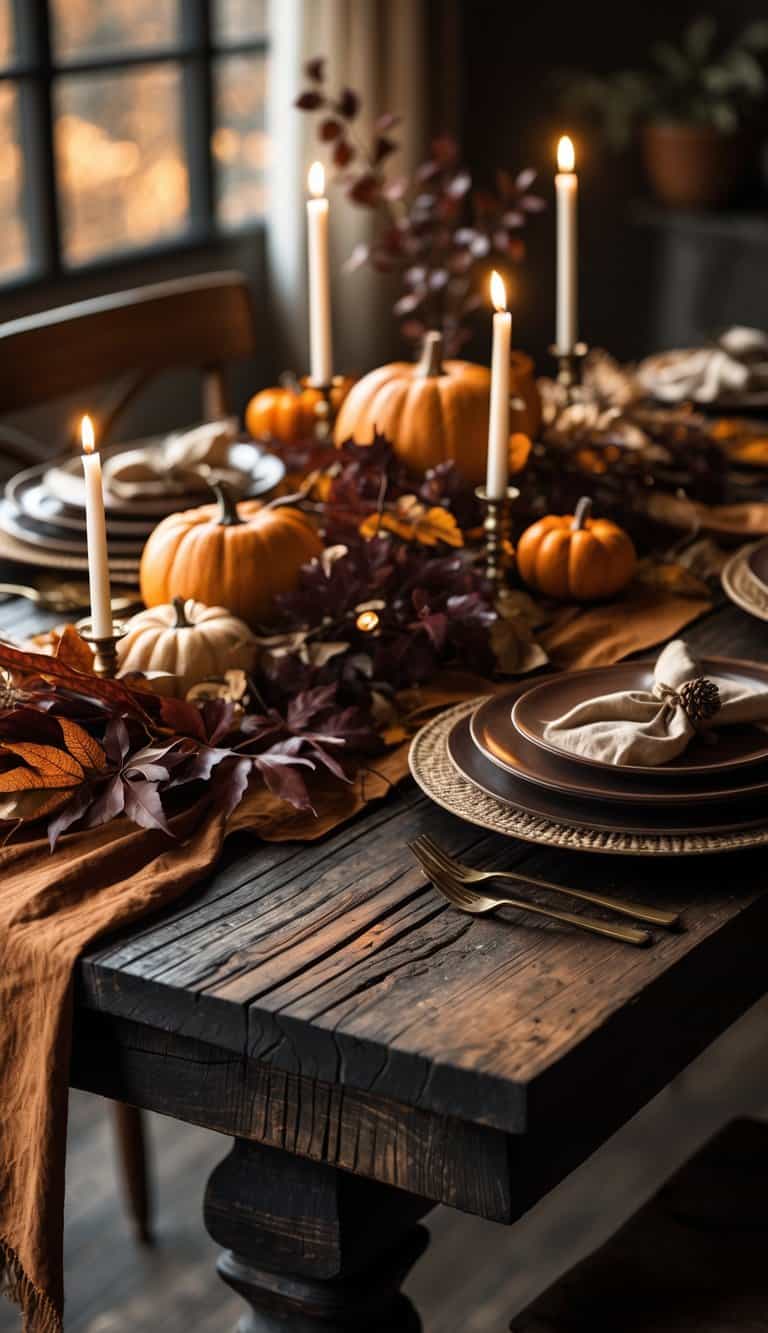 A rustic wooden table set with autumn decorations including pumpkins, candles, and fall leaves for a Thanksgiving meal.