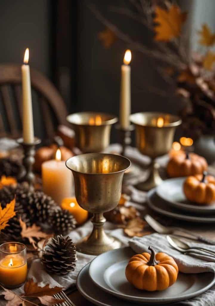 A rustic autumn table setting with lit candles, brass goblets, pinecones, small pumpkins, and plates arranged on a wooden table with fall leaves.