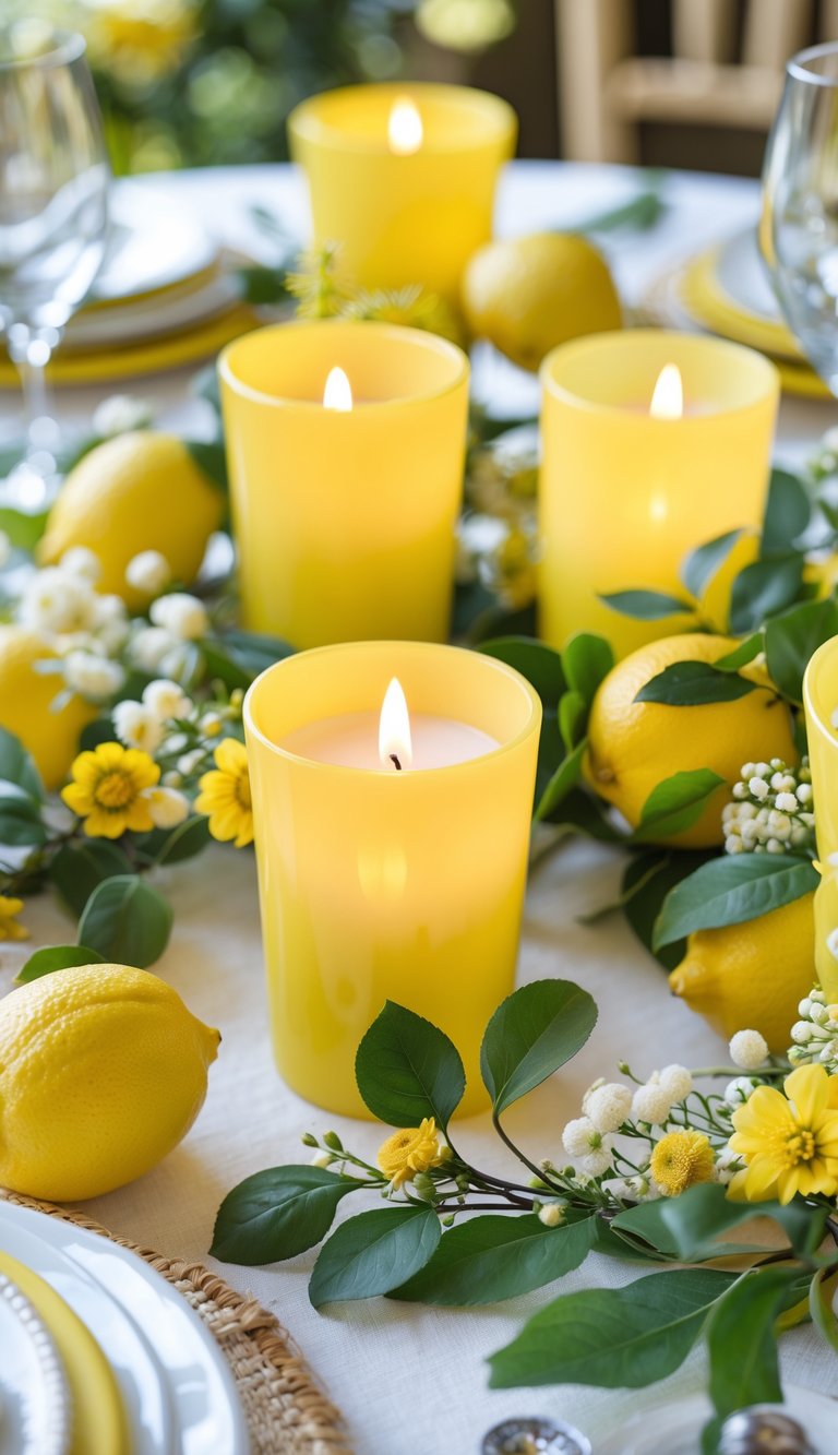 A table decorated with lemon yellow votive candle holders, fresh lemons, and green leaves arranged in a bright and inviting setting.