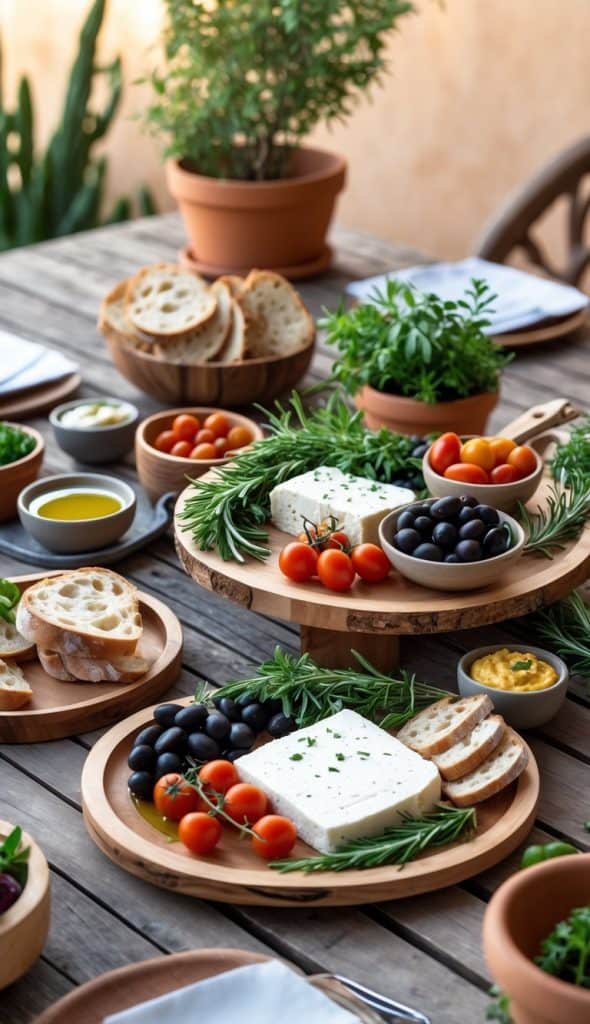 A wooden table set with plates of feta cheese, cherry tomatoes, black olives, bread slices, herbs, olive oil, and small bowls of dips, displayed outdoors with potted plants in the background.