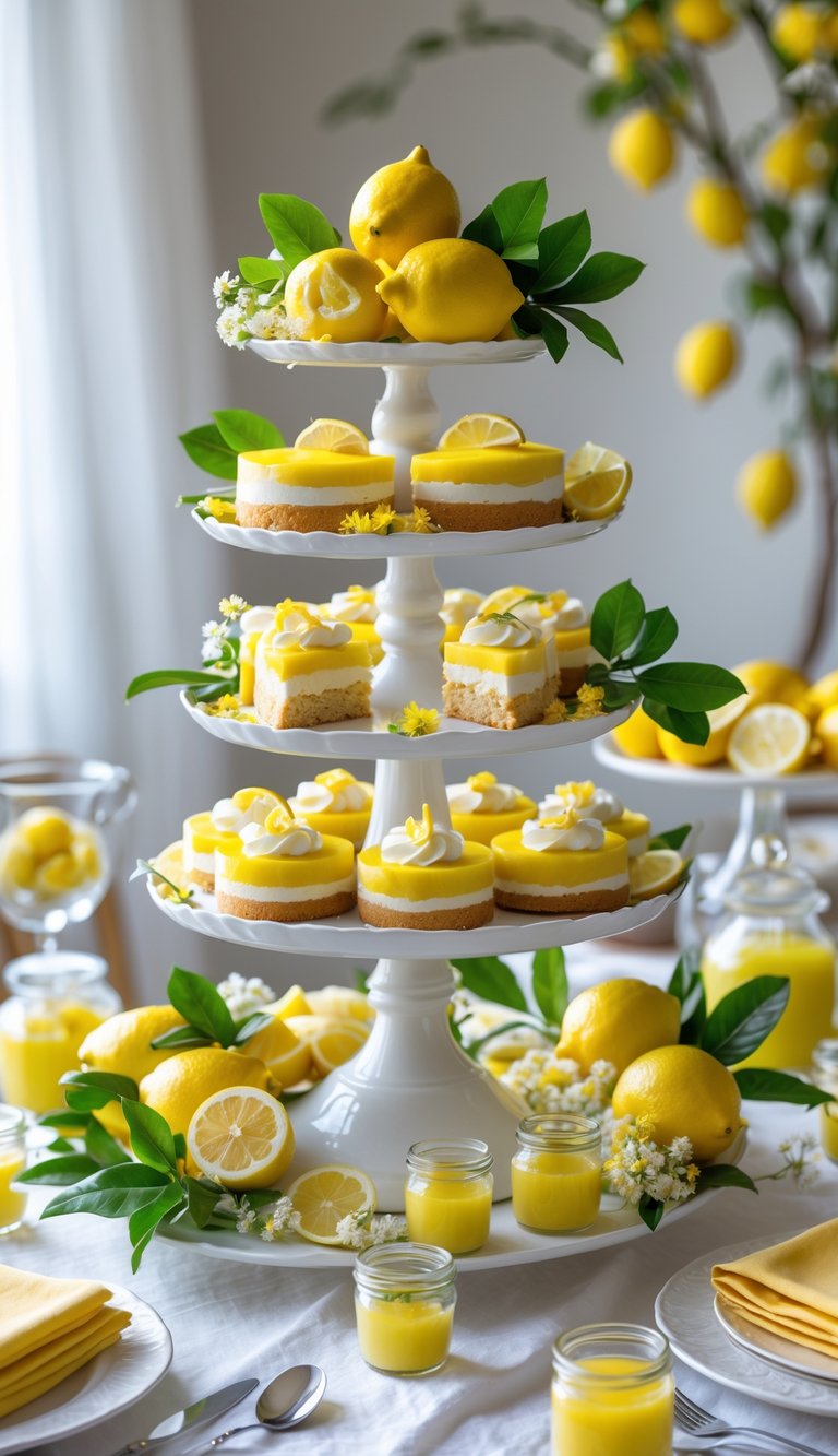 A lemon-themed cake stand centerpiece with lemon cakes and decorations on a white tablecloth.