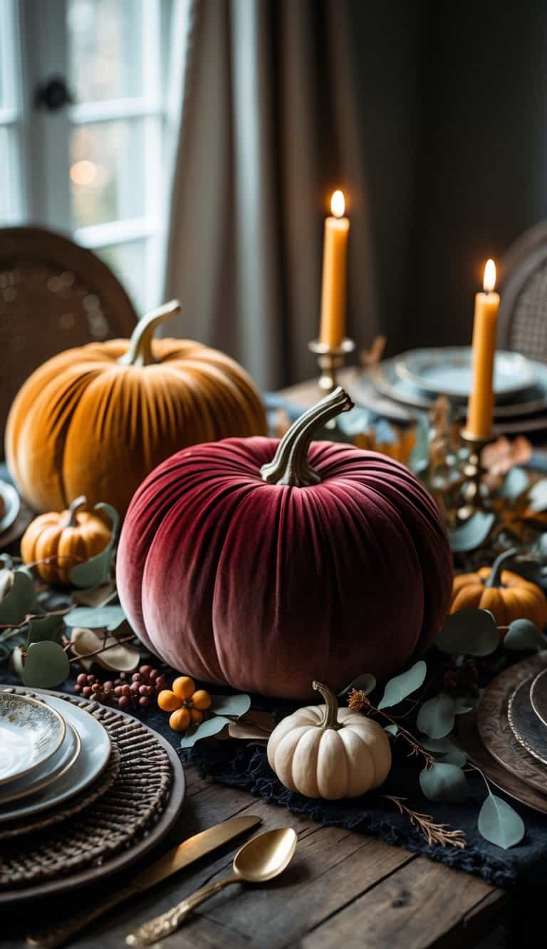A Thanksgiving table decorated with velvet pumpkins, candles, dried leaves, and rustic dinnerware.