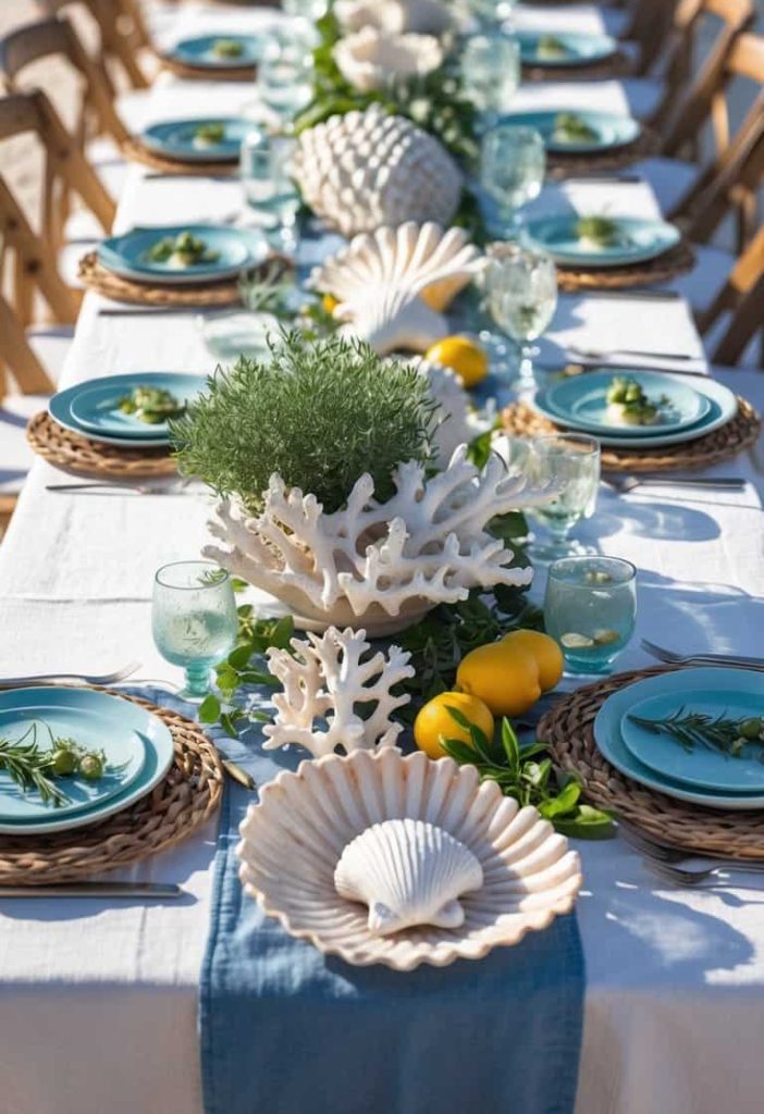 Long dining table outdoors by the water, decorated with seashells, coral, greenery, lemons, and blue tableware set on white tablecloths with wooden chairs.