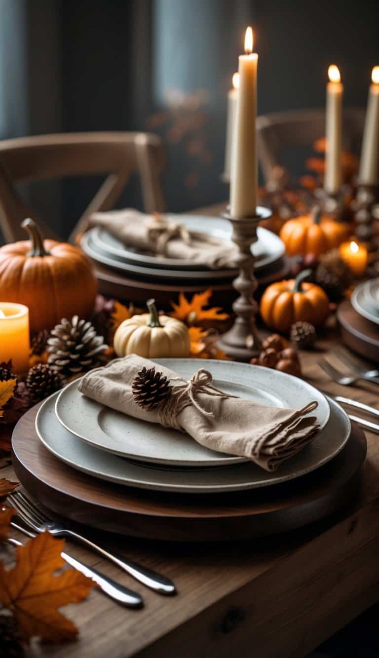 A Thanksgiving table set with dark walnut chargers, white plates, autumn decorations, candles, and natural linen napkins in a warm, cozy setting.