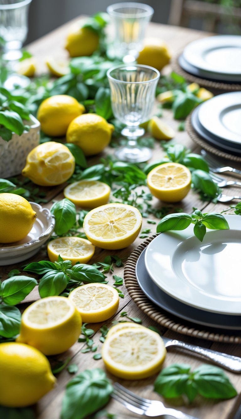 A table decorated with fresh lemons and basil leaves scattered around plates and glassware.