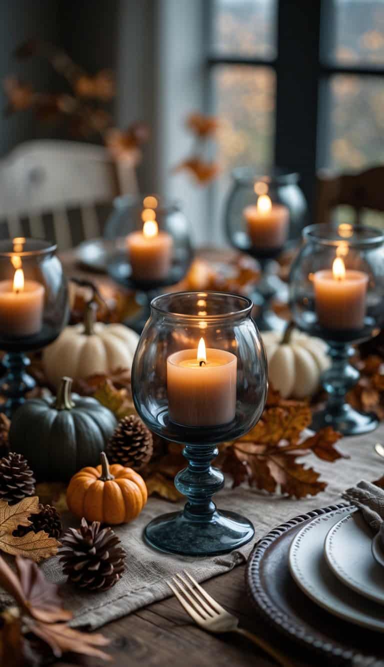A Thanksgiving dining table with smoked glass candle holders lit and surrounded by autumn decorations like pumpkins and dried leaves.
