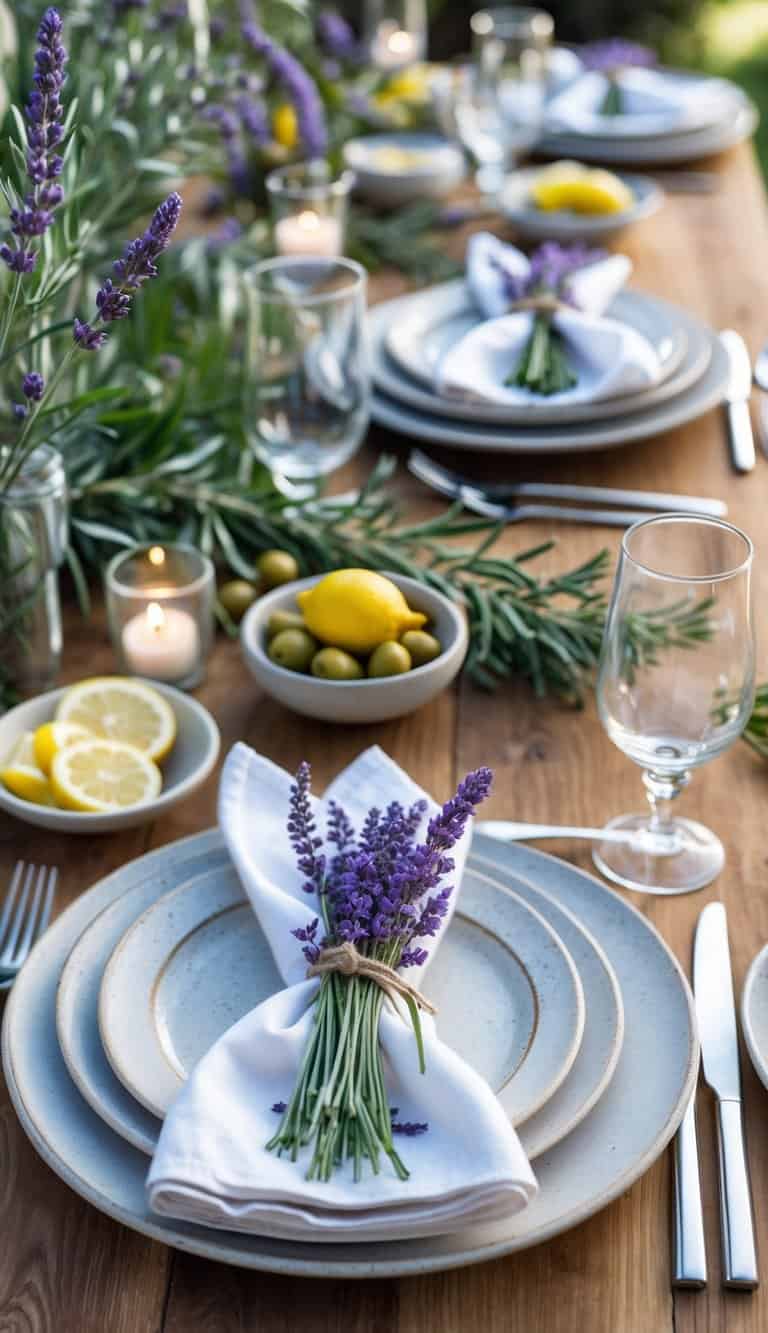 A Mediterranean dining table set with white napkins tied with fresh lavender sprigs, ceramic plates, glassware, and rustic decor.