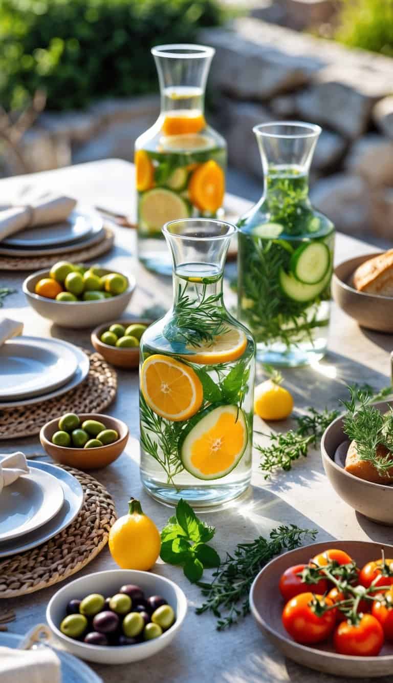 A Mediterranean outdoor table set with glass carafes of infused water and fresh herbs, surrounded by bowls of olives, bread, and vegetables.