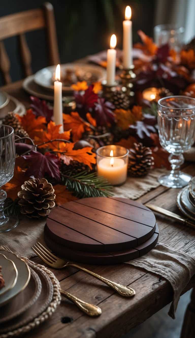 A Thanksgiving table set with dark mahogany wood coasters, autumn leaves, candles, and seasonal decorations on a wooden dining table.