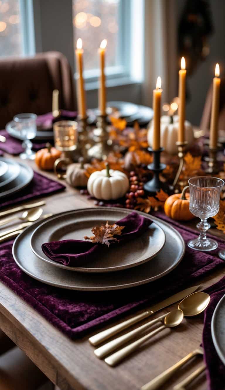 A Thanksgiving table set with dark plum velvet placemats, autumn decorations, plates, cutlery, and candles.