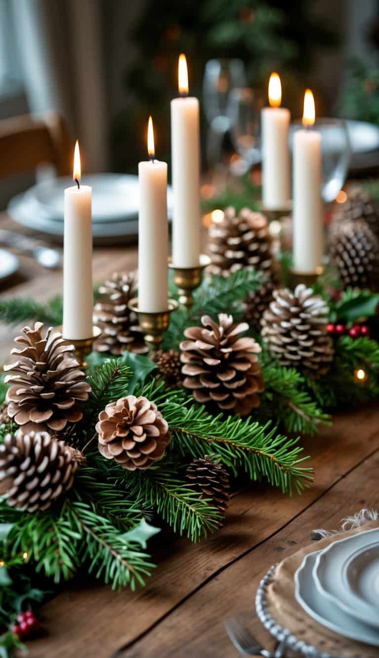 A holiday table with a centerpiece of pinecones and lit candles surrounded by seasonal decorations.