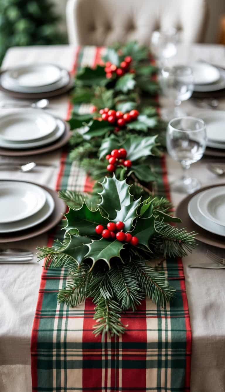 A holiday table decorated with a plaid table runner and greenery centerpiece, set with plates, cutlery, and glassware.