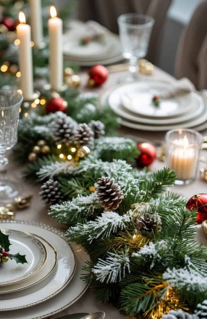 Elegant holiday table setting with white plates, silver cutlery, candles, frosted pinecones, red ornaments, and evergreen garland decorated with lights.