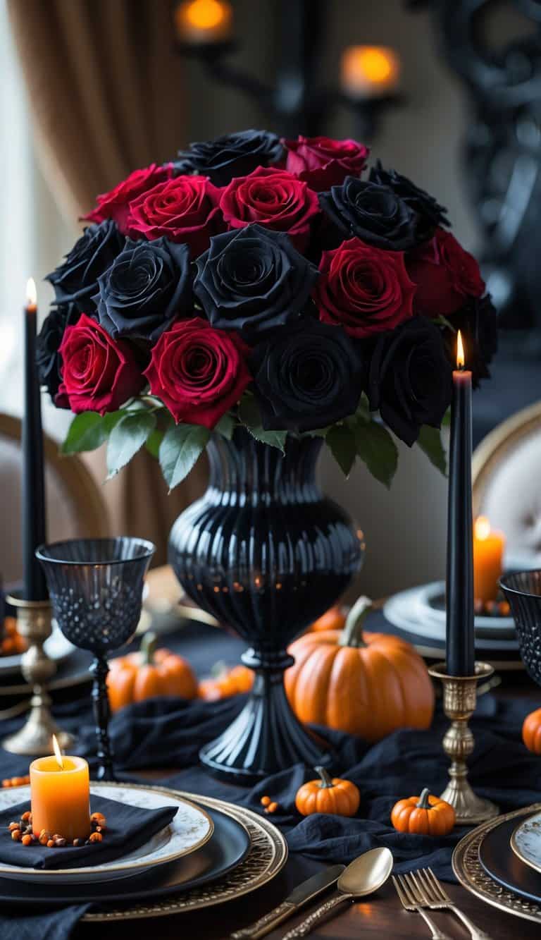 A dining table with a centerpiece of black and crimson roses surrounded by Halloween-themed decorations and elegant tableware.