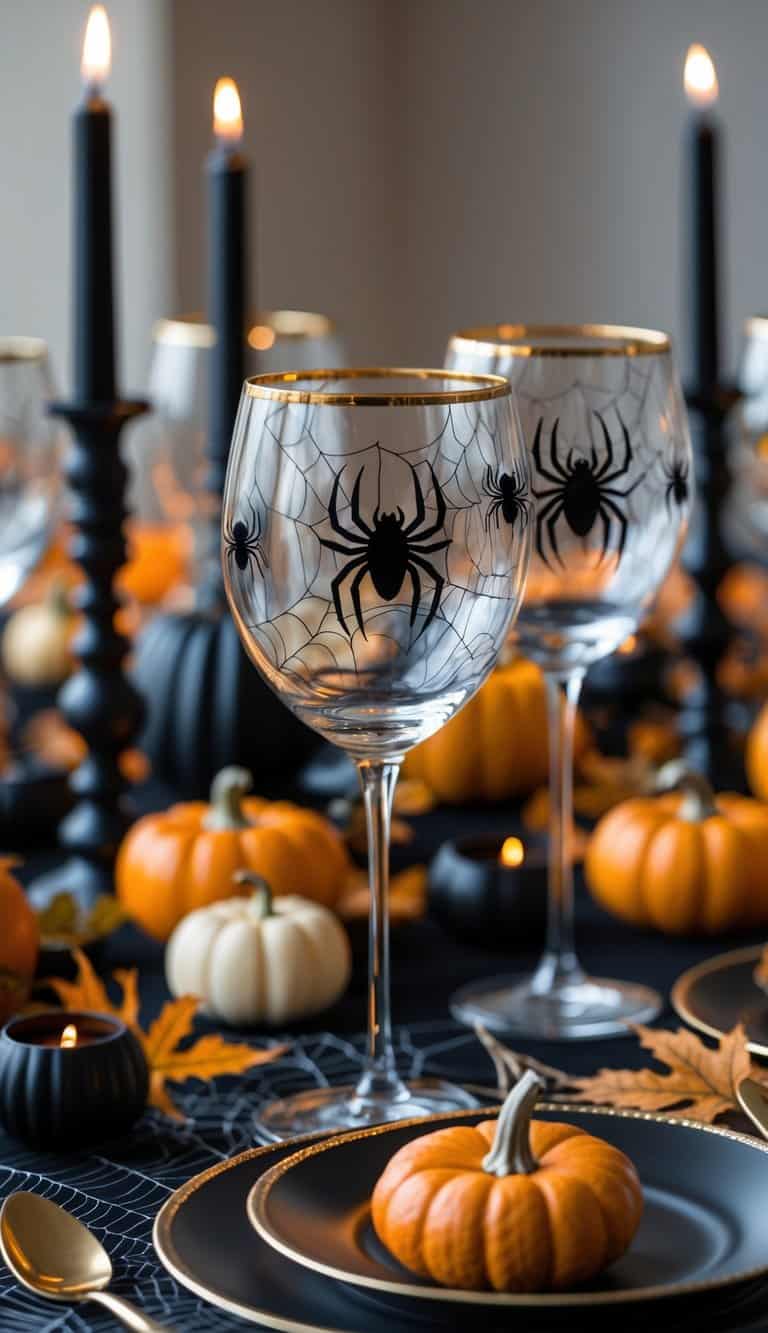 A Halloween table setting with gold-rimmed wine glasses decorated with black spider designs, surrounded by candles, pumpkins, and autumn leaves.