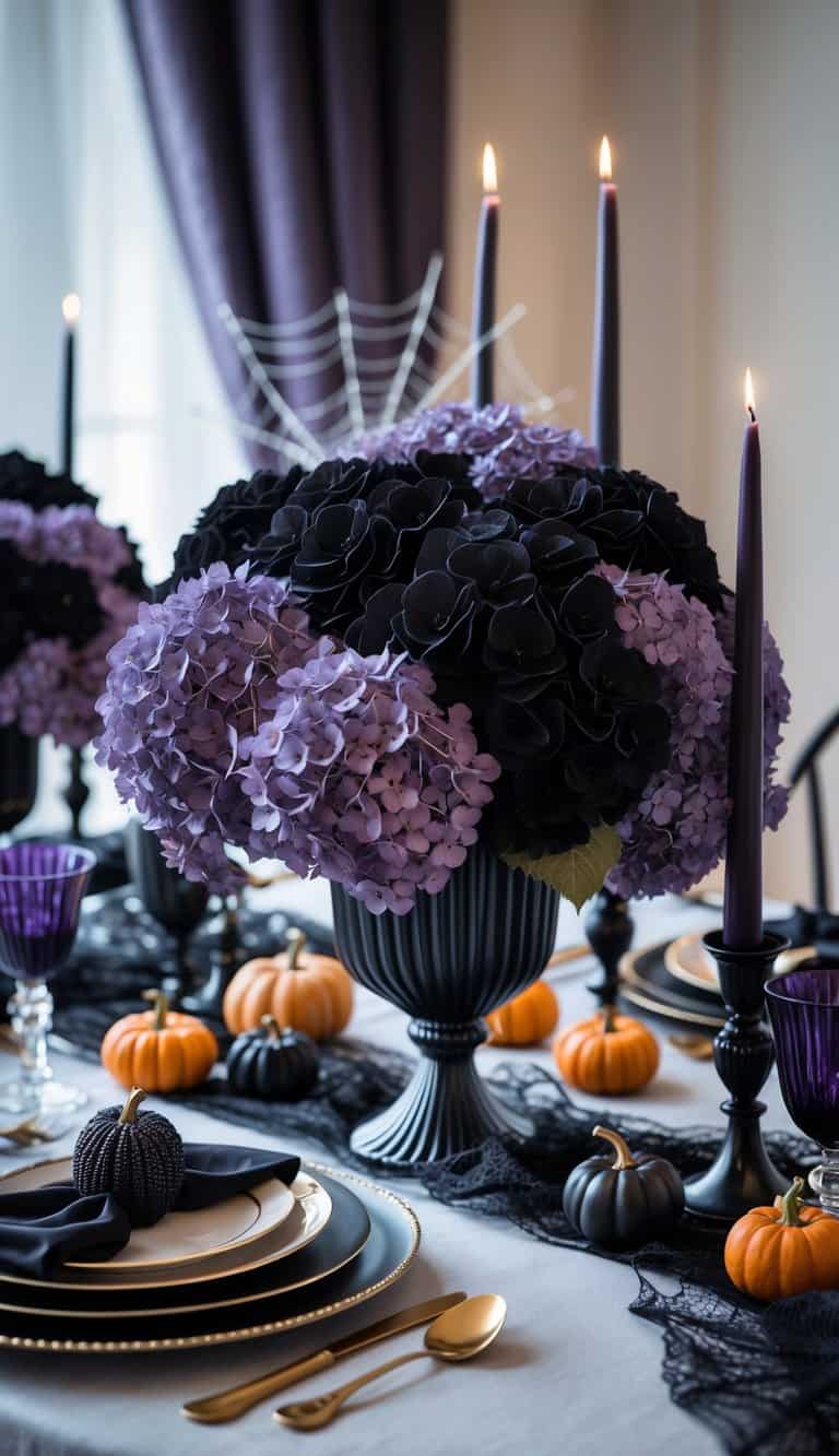 A table set for a Halloween gathering with dark purple and black hydrangea bouquets, candles, pumpkins, and elegant dinnerware.