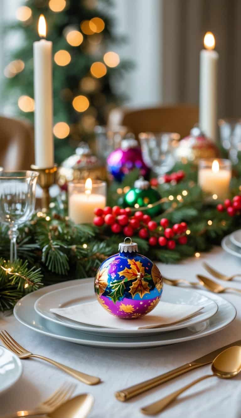 A holiday dining table set with hand-painted Christmas ornament place cards, surrounded by festive decorations and warm lighting.