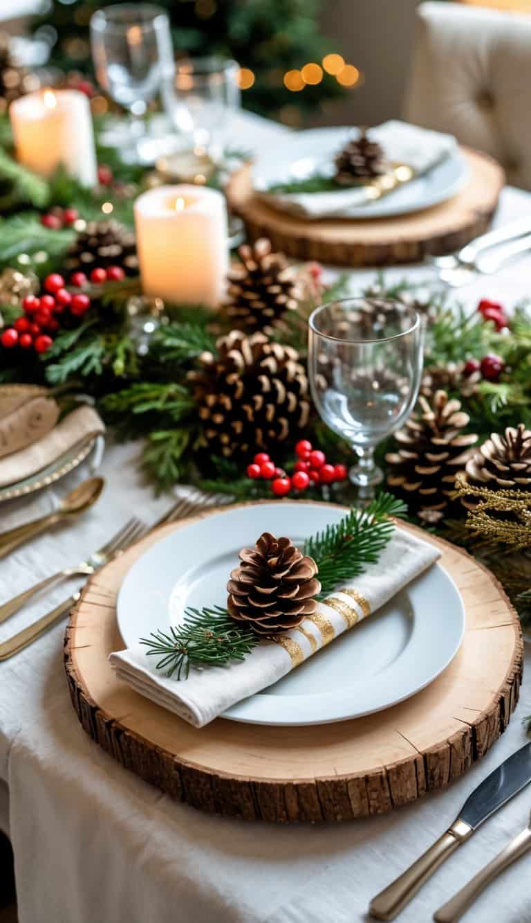 A holiday table set with natural wood slice chargers, white and gold dishes, pinecones, evergreen sprigs, red berries, candles, and folded napkins.