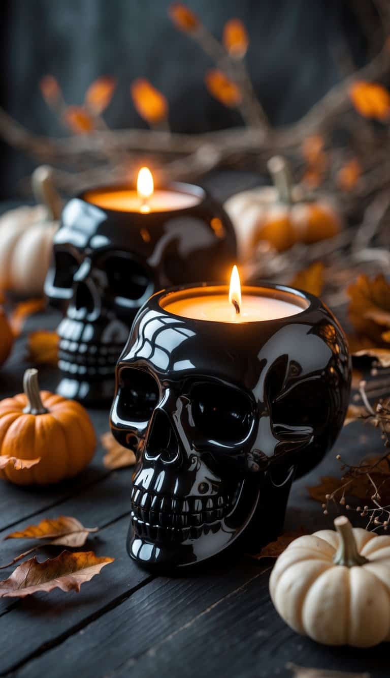 A Halloween table setup with glossy black skull-shaped candle holders and autumn decorations on a dark wooden surface.
