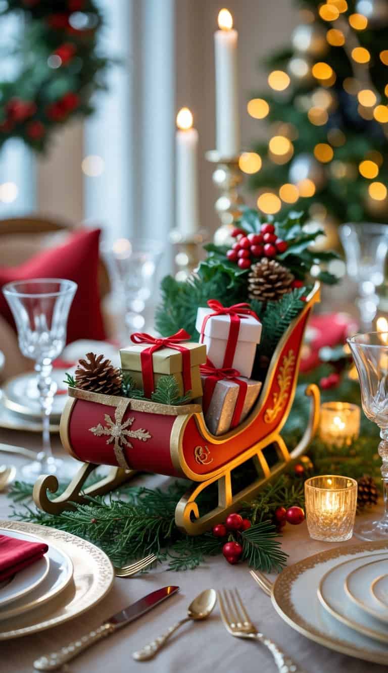 A miniature sleigh centerpiece filled with small gifts on a decorated holiday dining table with candles and evergreen sprigs.