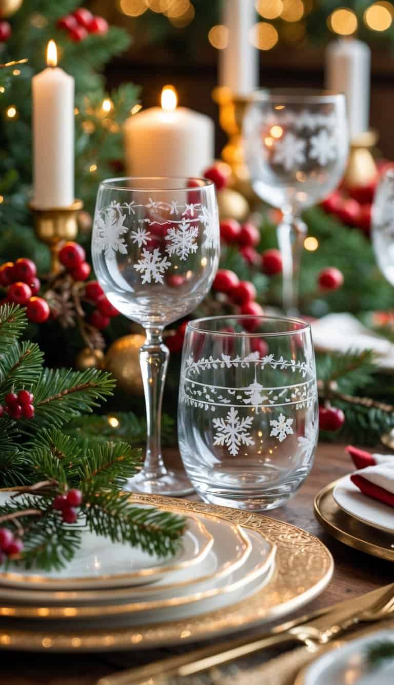 A holiday table set with etched glassware, pine branches, red berries, candles, and festive decorations.