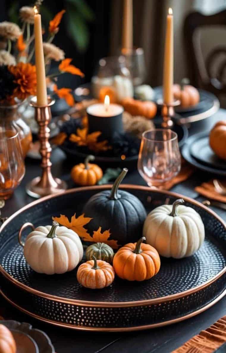 A fall-themed dining table is set with assorted white, orange, and black pumpkins on a tray, surrounded by candles, glassware, and autumnal decorations.