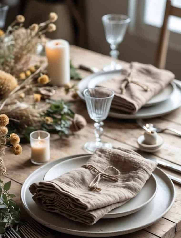 A rustic wooden table set with plates, beige napkins, glassware, candles, and dried floral decorations arranged for a meal.