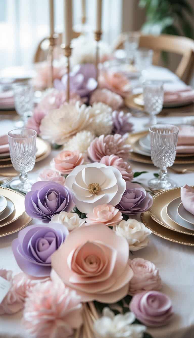 A bachelorette party table decorated with a handmade paper flower garland and elegant tableware.
